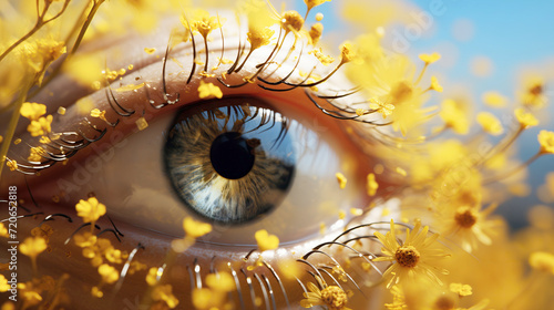 Conceptual Image of a Human Eye Surrounded by Yellow Flowers. Pollen allergy concept