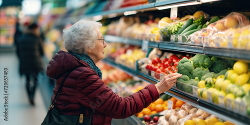 Shopping decisions. An elderly woman contemplates fresh vegetables at the grocery store