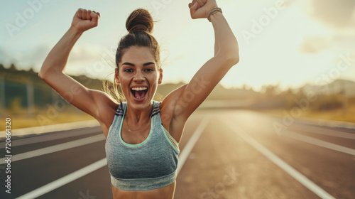 joyous woman with her arms raised in victory is celebrating on a track field with a sunset in the background