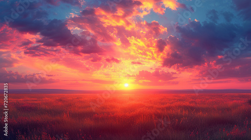 A breathtaking panorama of a fiery sunset over a vast, open plain, with hues of orange, pink, and purple painting the sky.