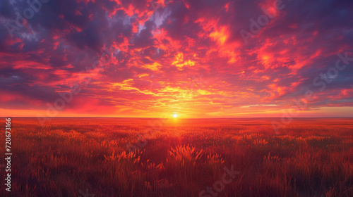 An incredible view of a blazing sunset over a wide-open plain, with the sky painted in shades of orange, pink, and purple. 