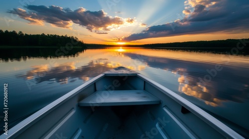 A tranquil journey: rowing boat glides under the golden sunset, embracing nature's serene whispers