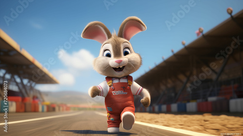 An energetic cartoon bunny is captured in motion as it swiftly runs down a race track.
