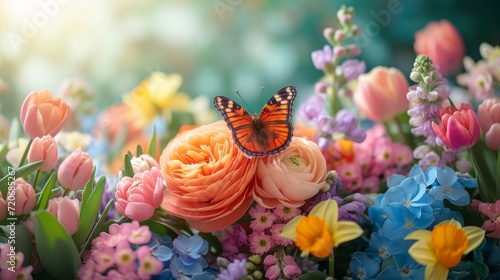 Butterfly Perched on a Bouquet of Spring Blooms. Lush Garden of Blooming Rose ranunculus in Soft Morning Light. Floral spring wallpaper background