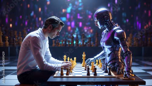 A human plays chess against a robot