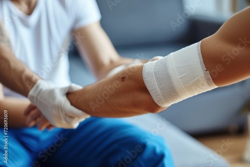Close-up of injured man with bandage on arm and nurse