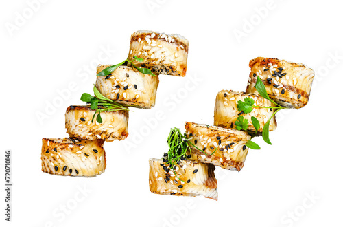Sushi roll, Maki sushi with smoked eel and cucumber. Isolated, Transparent background. 