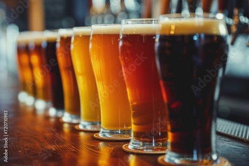 a row of beers lined up next to each other on a bar in Pilsner glasses Generative AI