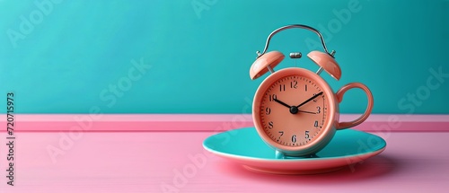 Coffee with morning alarm clock on blue background