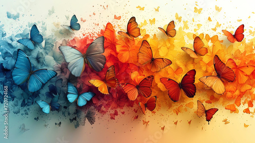 Graphic representation with bright butterflies and living insects soaring around a variety of color