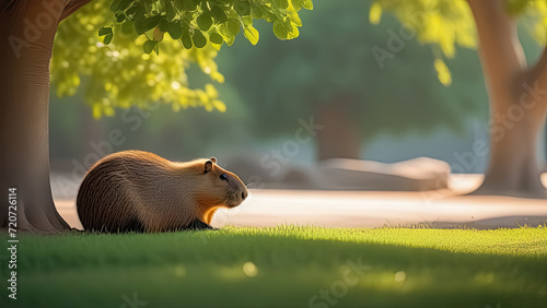 Capybara on the grass in the garden. Close up. Generative AI