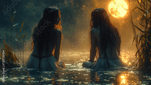 Two amazingly beautiful women in a small hot source at night in the style of dark fant