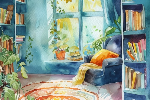 A cozy reading nook bathed in sunlight, inviting relaxation with a good book amidst the vibrant hues of home comfort