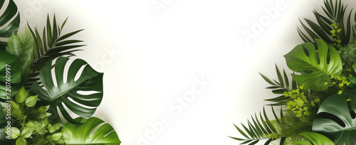 Banner with green tropical leaves on white background