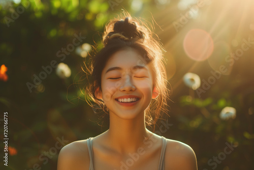 Close-up portrait of a young Asian womans face, sunlit with a gentle smile. Nature beauty. Concept of naivety and purity