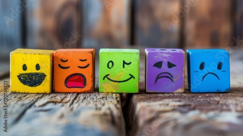 concept of Different emotions drawn on colorful cubes, wooden background