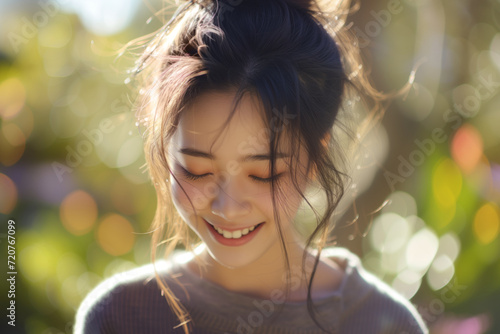 Close-up portrait of a young Asian womans face, sunlit with a gentle smile. Nature beauty. Concept of naivety and purity