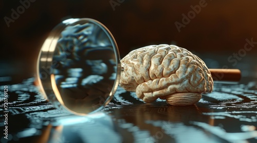 Fingerprint on brain, magnify glass. 3D rendering
