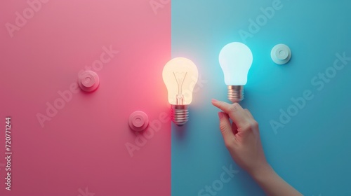 On and off toggle switch buttons with idea light bulb icon, Creative and idea sign, solution, thinking concept. Hand of woman turn on sign of innovation and success, 3D rendering