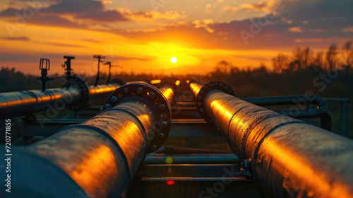 Factory pipeline at sunset, crude gas and oil pipes of refinery plant or petrochemical industry. Scenery of steel industrial tube lines, sky and sun. Concept of energy, power,