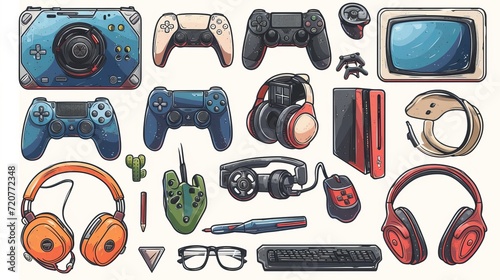 Set of various equipment for gamer. Hand drawn vector illustration. All elements are isolated