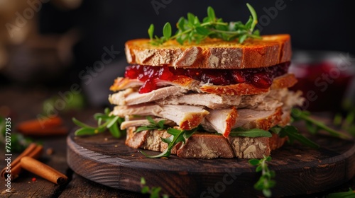A delicious turkey sandwich with cranberry sauce on a cutting board. Perfect for a quick and satisfying meal.