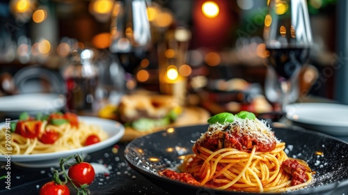 A plate of spaghetti with tomato sauce and a glass of wine. Perfect for Italian cuisine or food and drink concepts