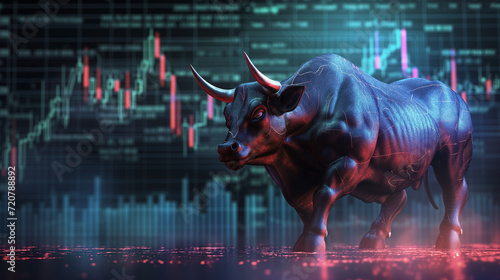 Financial market bull standing in front of background of price charts.