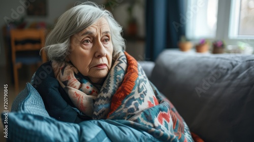Sad tired ill sick lonely disappointed caucasian old elderly senior woman grandmother sitting on the sofa couch