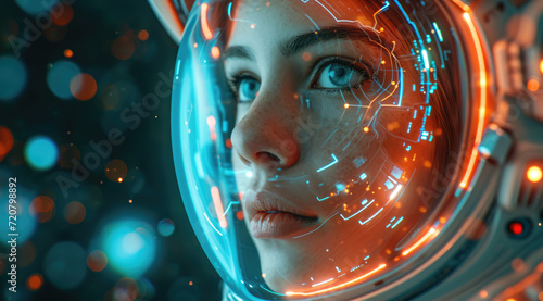 spacewoman with futuristic tech looking in the direction Generative AI