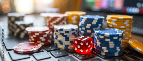 Online gambling, casino chips, cards and dice laying on laptop keyboard, internet betting gaming addiction, generative ai.