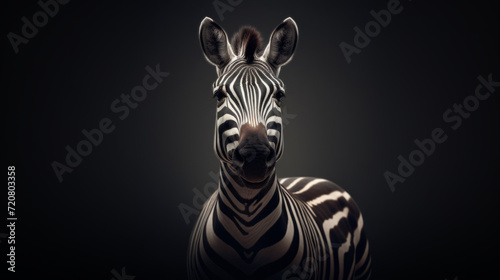 Close-up portrait of a zebra on a black background. Looks into the camera. Generative AI
