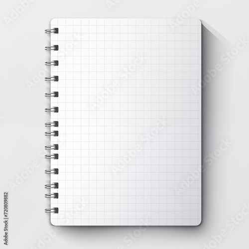 Mock-up d'un cahier à spirale et à petits carreaux posé sur un fond blanc. Maquette pour conception graphique, objet isolé sur fond blanc