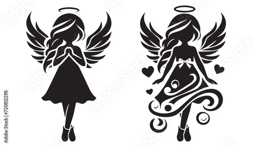 children angel little girl with wings, black and white vector graphics set