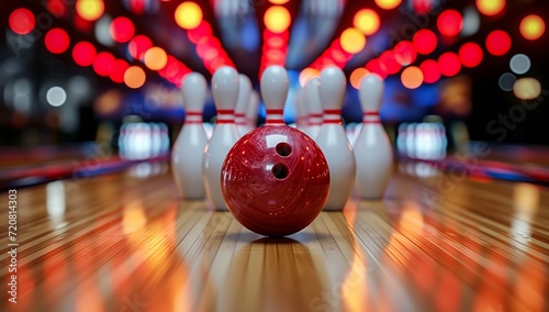 A determined bowler lines up their shot, eyes locked on the lone pin standing tall against the shiny alley as their trusty bowling ball rolls towards victory in this intense indoor sport