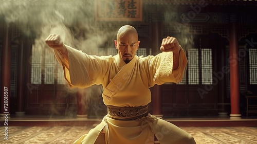 Skilled kung fu master strikes a powerful pose inside a traditional dojo, reflecting years of dedication and mastery in martial arts