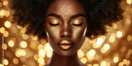 Gold glitter makeup on african woman face, beauty portrait of black model with closed eyes, shiny golden artistic make-up and glowing skin, bokeh lights on background