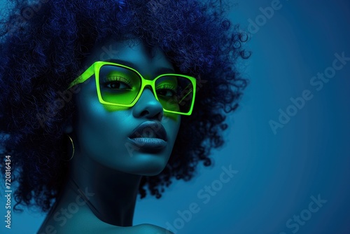 Fashion portrait of young beautiful african woman wearing trendy neon green glasses, showcasing stylish look with afro hairstyle, isolated on blue background
