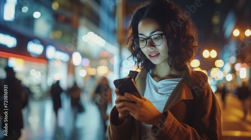 Night city scene, woman using mobile app on the phone under lights of street