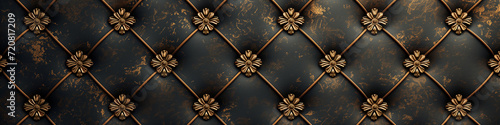 Luxurious black tufted leather with ornate gold buttons for an upscale wallpaper design