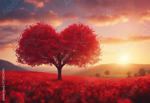 sunset shaped tree flowersLove landscape spring love Red background space Beautiful card heart Tree copy