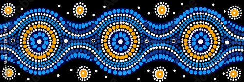 Blue and Yellow Pattern on Black Background. Australian Dot-painting aboriginal .