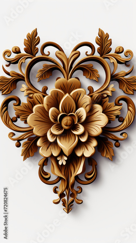 Elegant Wooden Carved Floral Ornament on White Background
