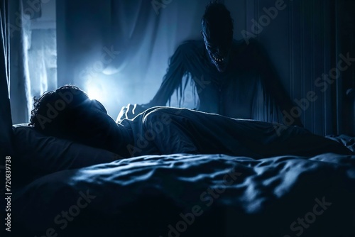 Shadow person hovers over a sleeping person, supernatural evil apparition, sleep paralysis
