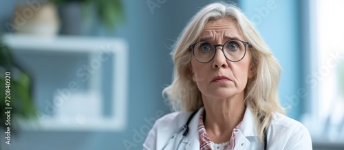 Disgruntled middle-aged woman at clinic, skeptical and nervous, frowning due to problem.