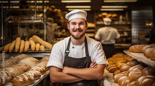 Portrait of a smiling male baker standing in a bakery with arms crossed Generative AI