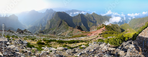 Panoramic view of the mountains visible from the summit of the Pico Ruivo, the highest mountain peak on Madeira island, Portugal - Heathland on dry slopes in the Atlantic Ocean