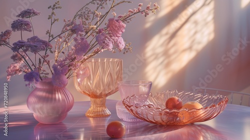 glass vessels, purple orange and pink, with fresh flowers and fruits, ray light and reflection, nostalgia vaporwave aesthetic