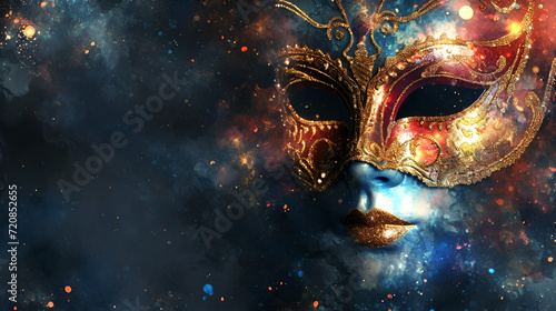 theatrical flyer or banner for the Venice carnival, mask on a dark background with space for text