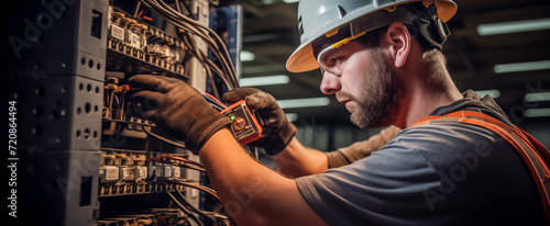 Skilled electrician testing electrical panel with multimeter